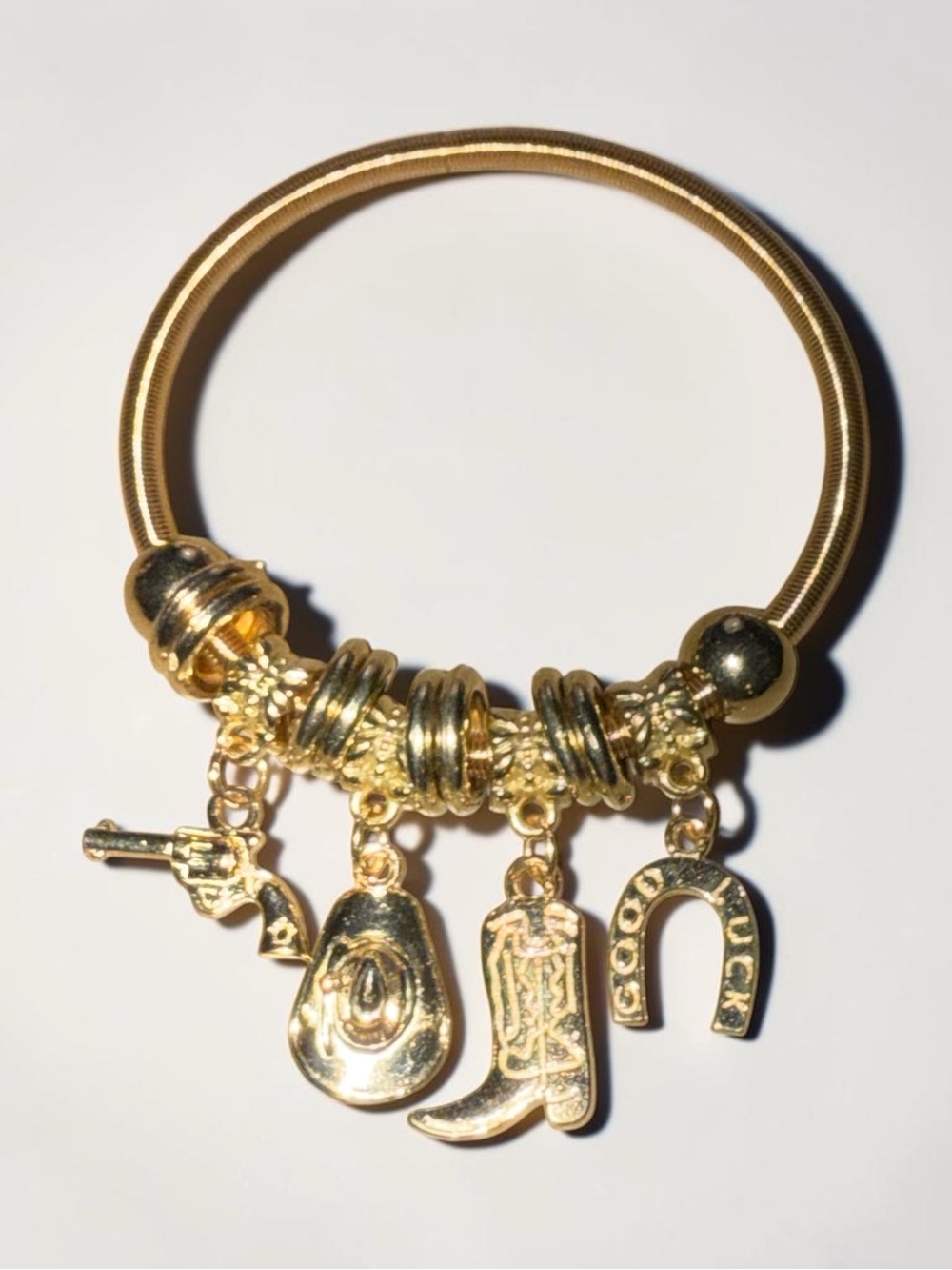Gold Western Charm Bangle Bracelet - Cowboy Boot, Hat, Horseshoe